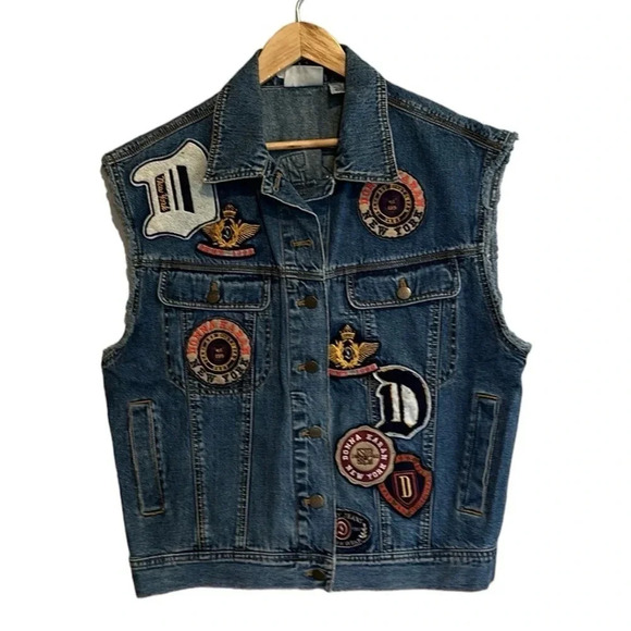 Vintage ‘92 Designer Donna Karan NY Denim Felt Letterman Vest Streetwear Retro - Picture 2 of 11